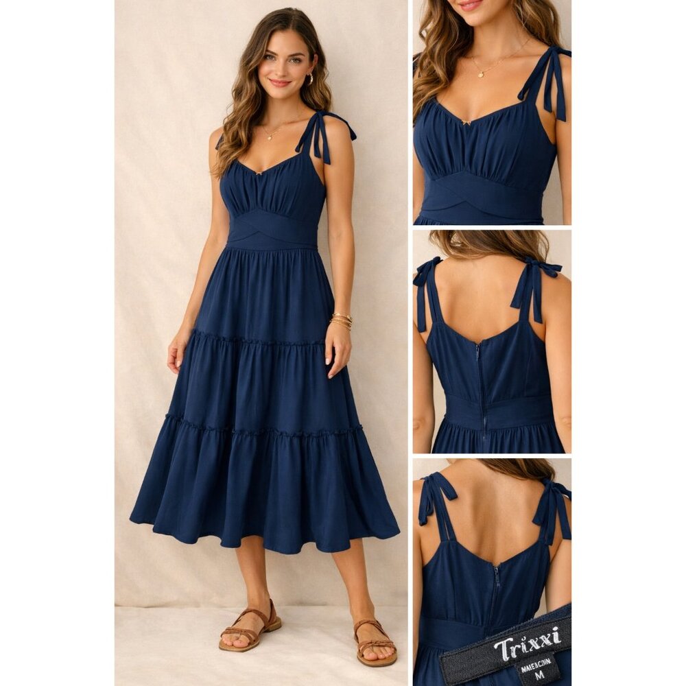 Trixxi Navy Blue Tiered Midi Dress Tie Shoulder Straps Size M